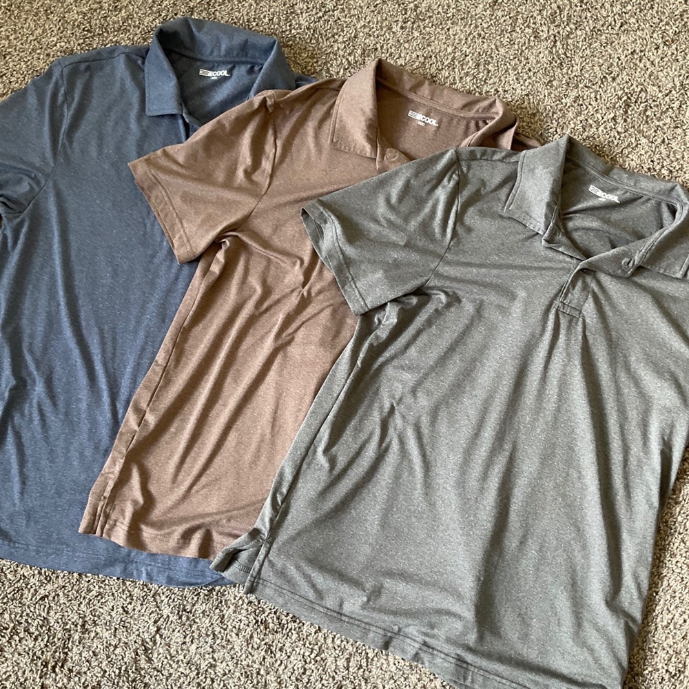 32 Degrees Cool Classic 3 Polo Shirts Mens Medium Blue Taupe Grey Performance